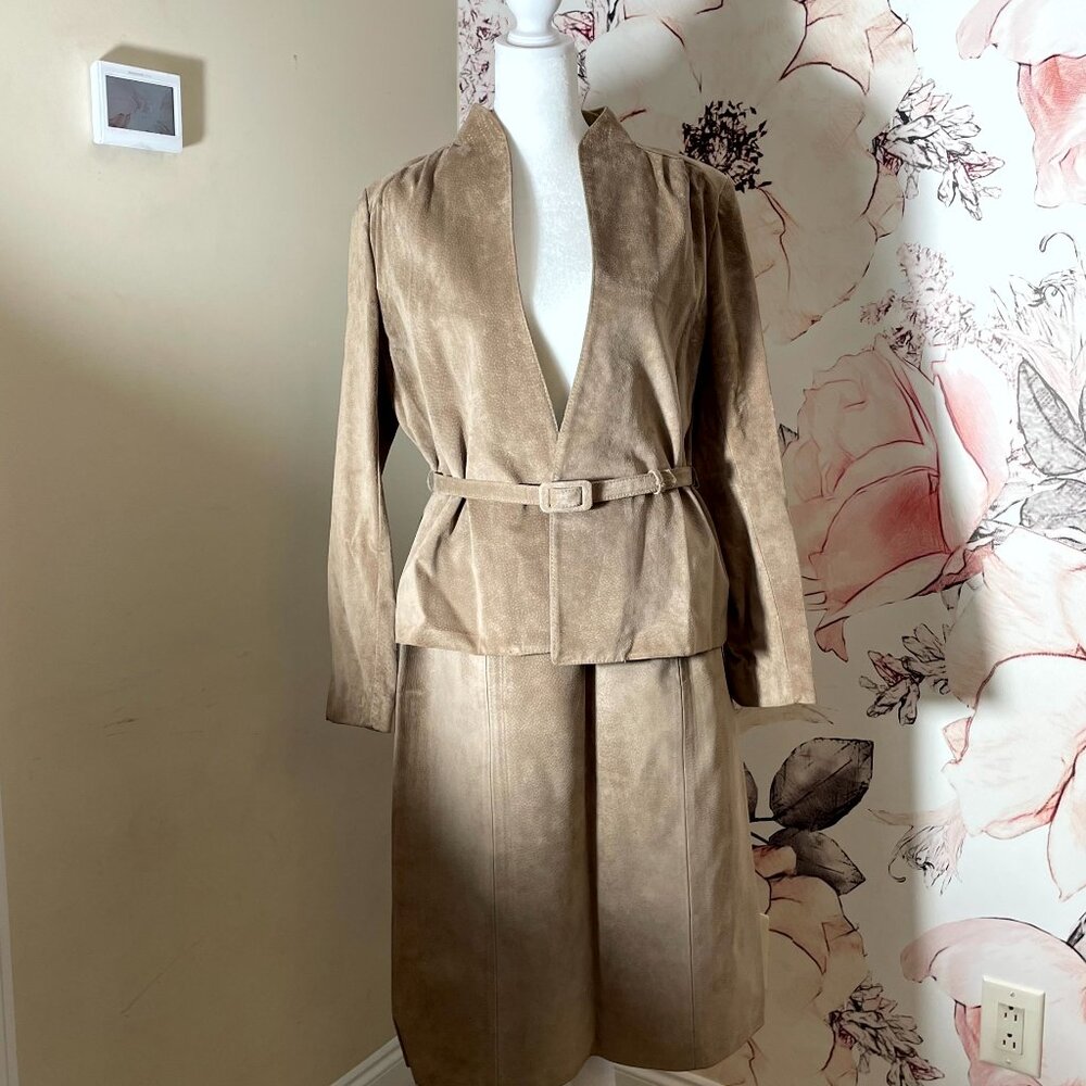 Classic Timeless Taupe / Tan Textured Suede Leather Suit 2 pc Suit plus belt